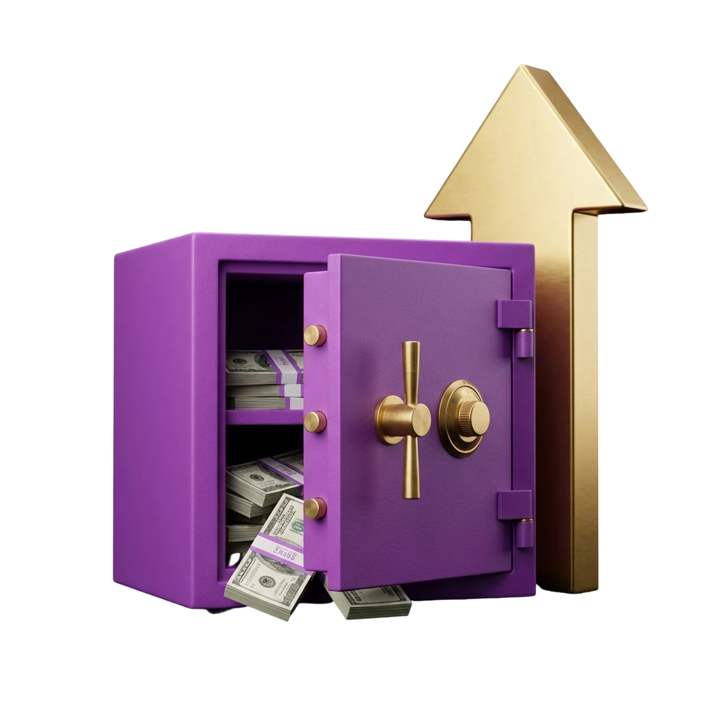 Safe with cash spilling out, representing a secured Here2Win Casino payout