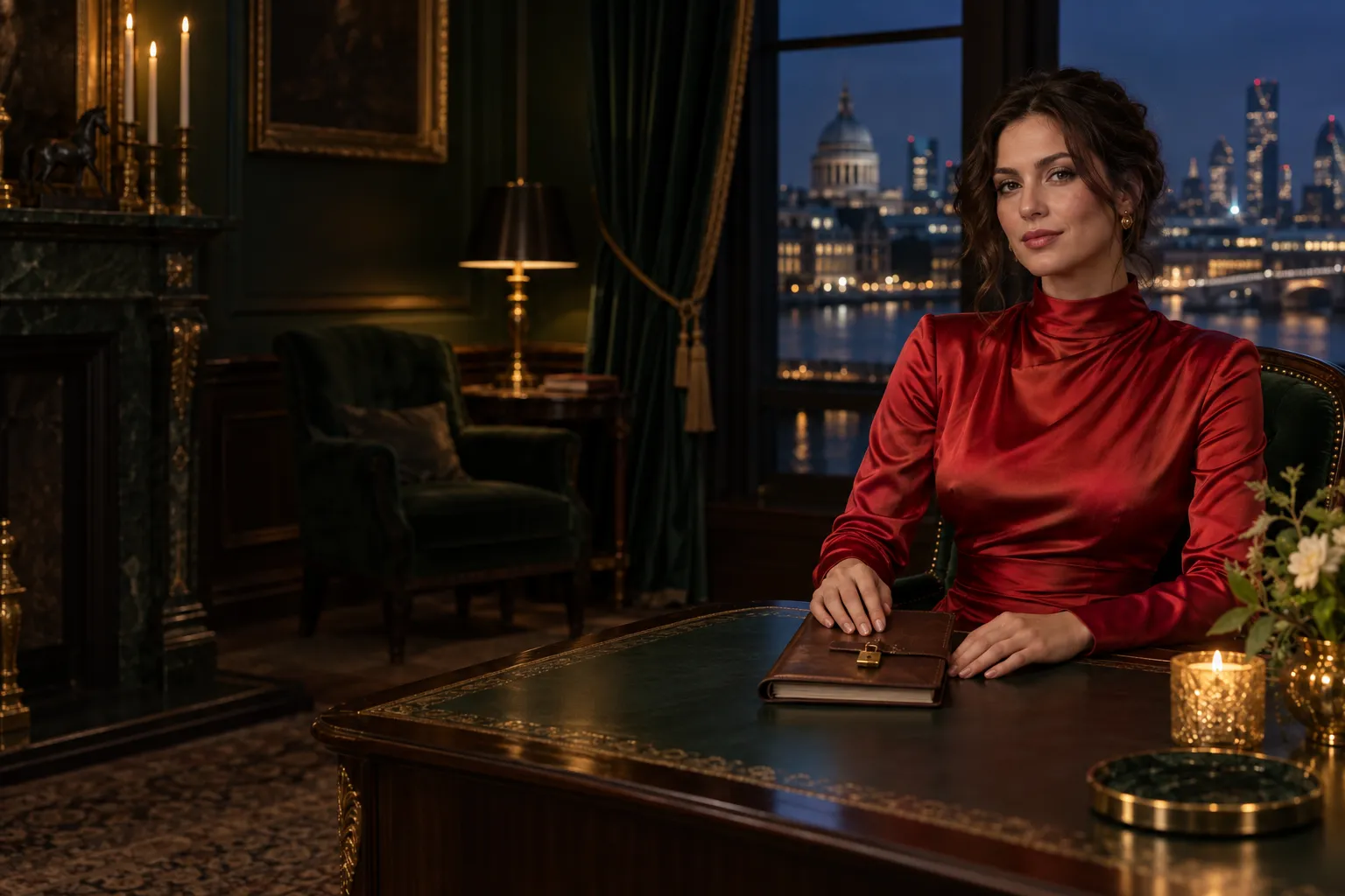 Woman resting a hand on a locked diary in a candlelit card room
