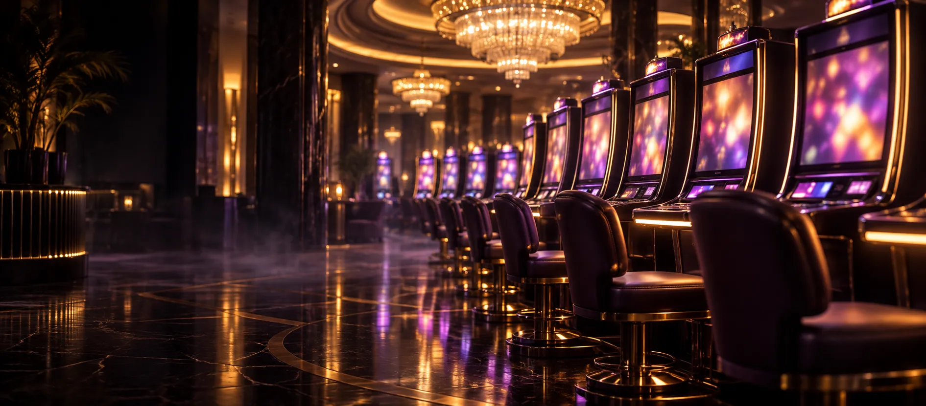 Illuminated slot machines lined up across a casino floor