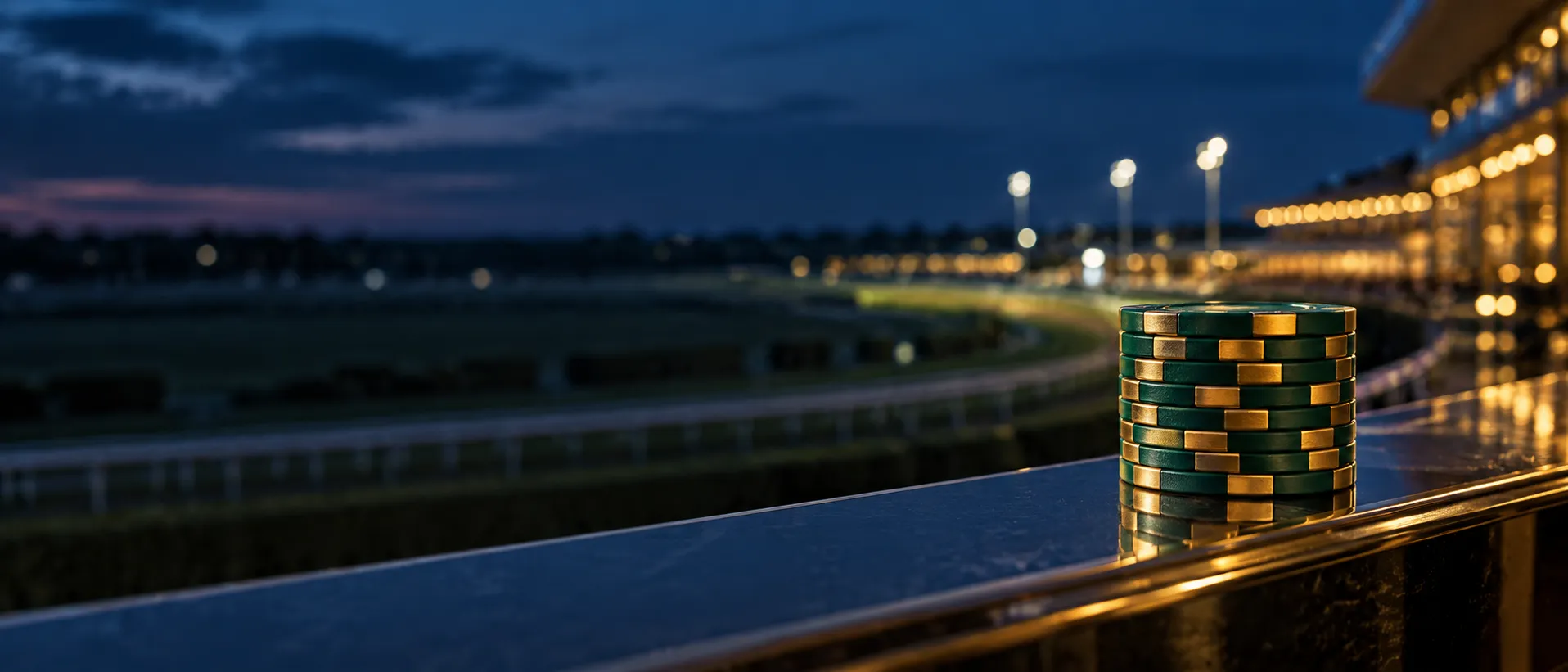 Stack of casino chips on the rail of a racecourse VIP box