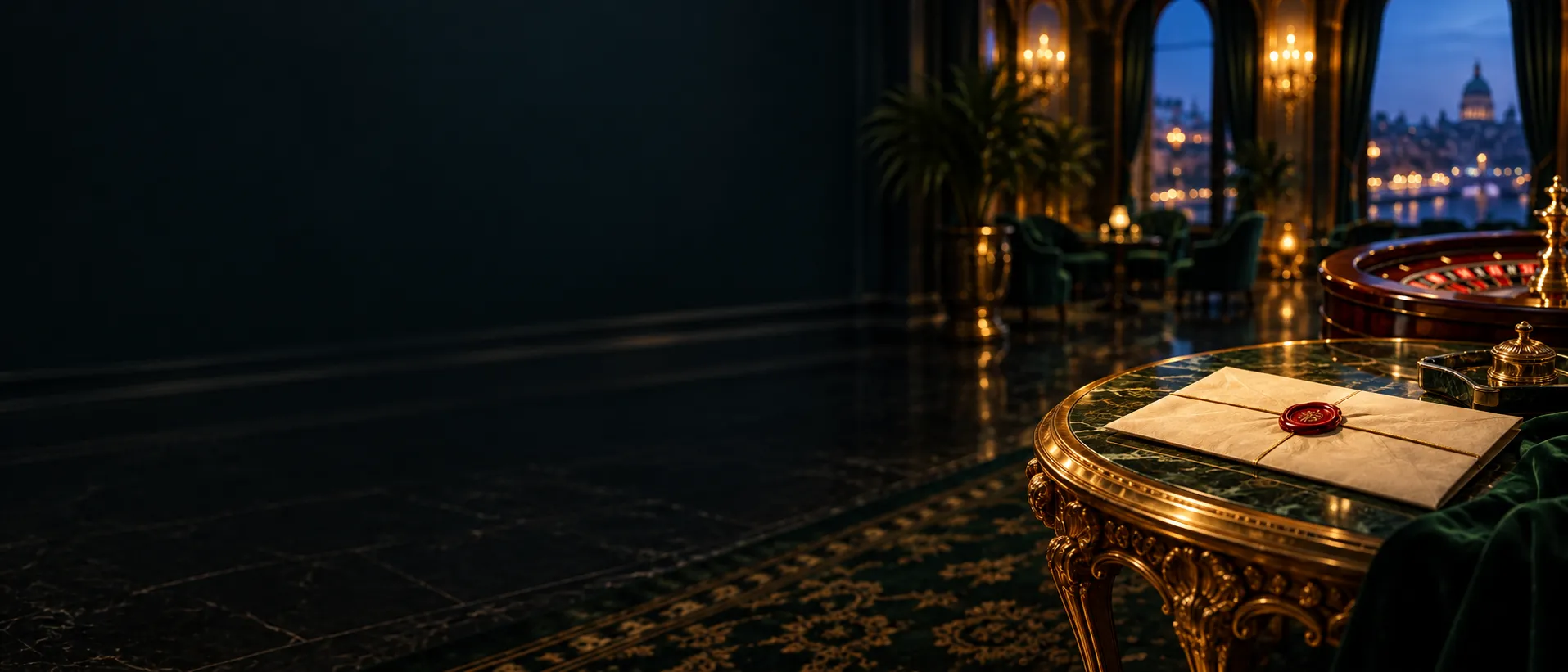 Wax-sealed document on a gilded table in a roulette hall