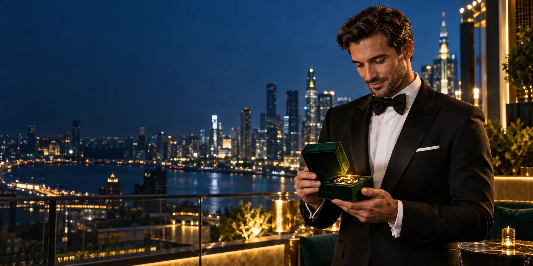 Man holding an open velvet award box on a rooftop terrace