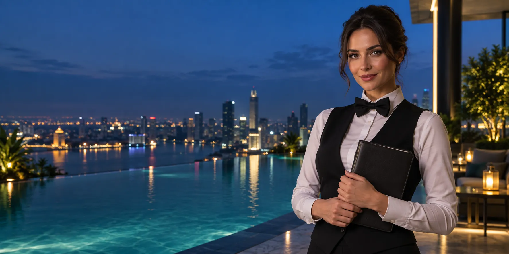 Woman calmly holding a closed diary beside a rooftop pool