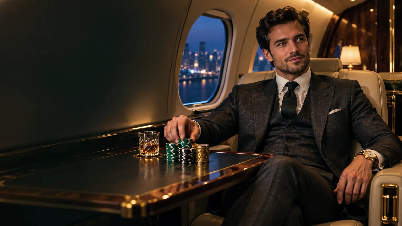 Man resting a hand on a stack of chips in a private jet cabin