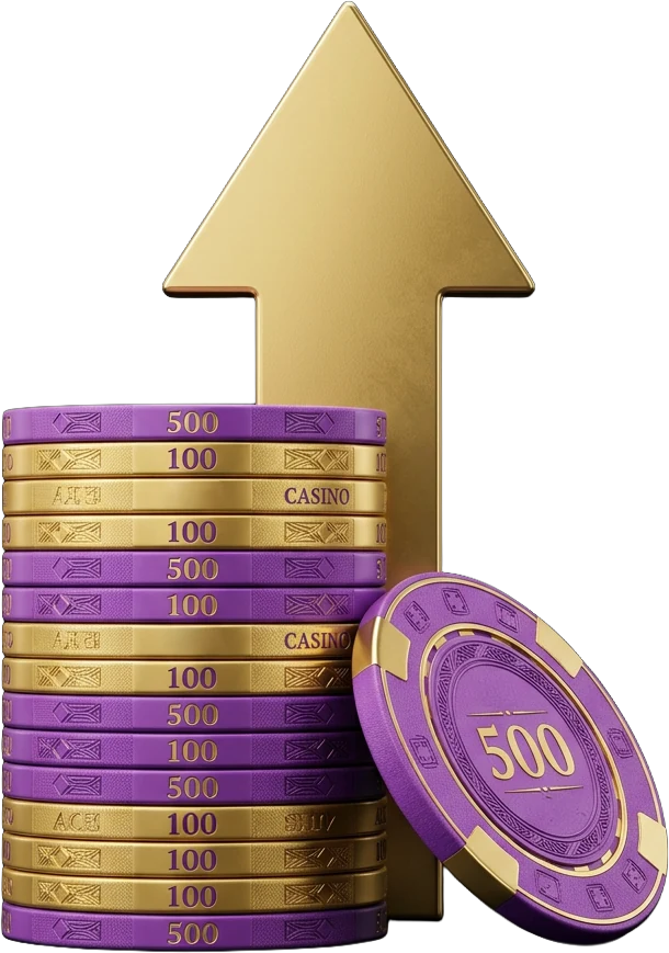 Stack of purple and gold casino chips representing the stakes across Here2Win's adventure slots