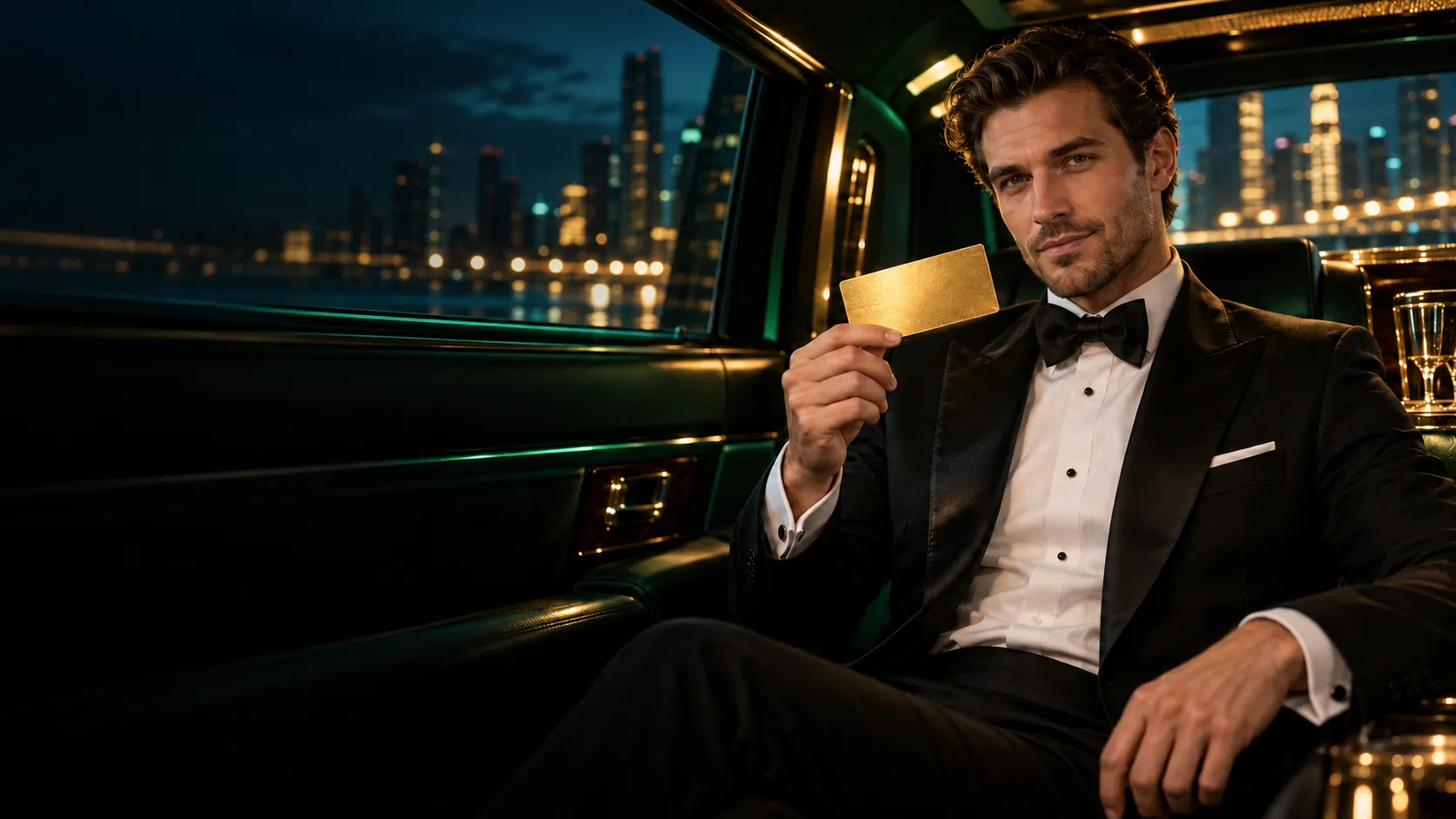 Man in a limousine holding a golden ticket, symbolic of the casino's welcome bonus
