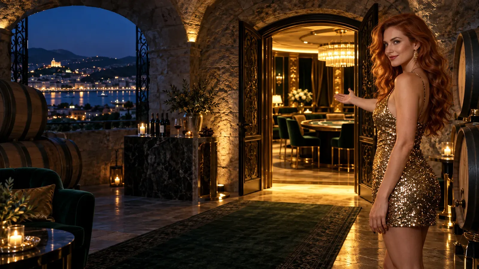 Woman gesturing toward a glowing VIP doorway in a wine cellar, the entrance to Here2Win's weekly rewards room