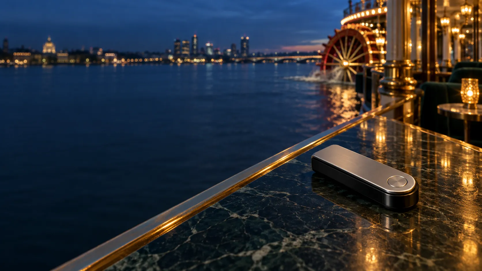 Hardware crypto wallet resting on marble aboard a riverboat casino deck