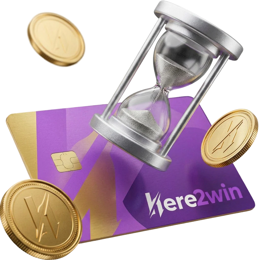 Hourglass resting on a bank card, standing in for the wait before a Here2Win Casino withdrawal