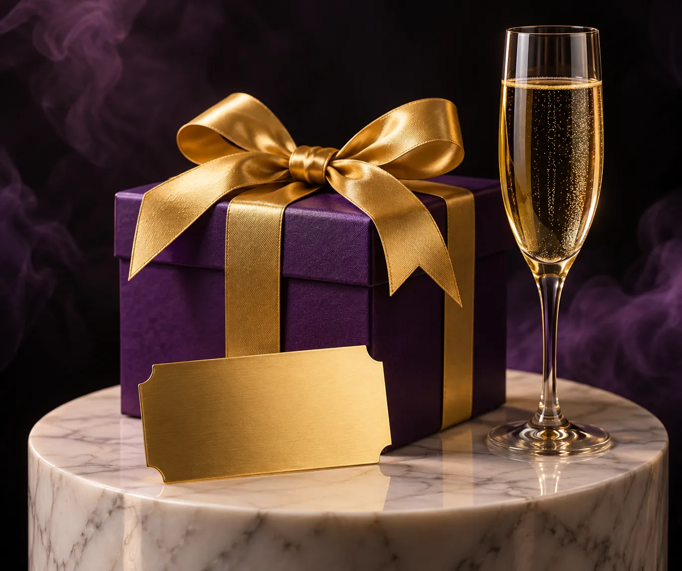 A gift box and a ticket displayed on a pedestal, echoing the bonus steps below